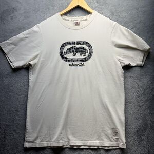 Y2K Vintage Shirt Ecko Unltd Shirt Large White Thrashed Rhino Logo Graphic 90s
